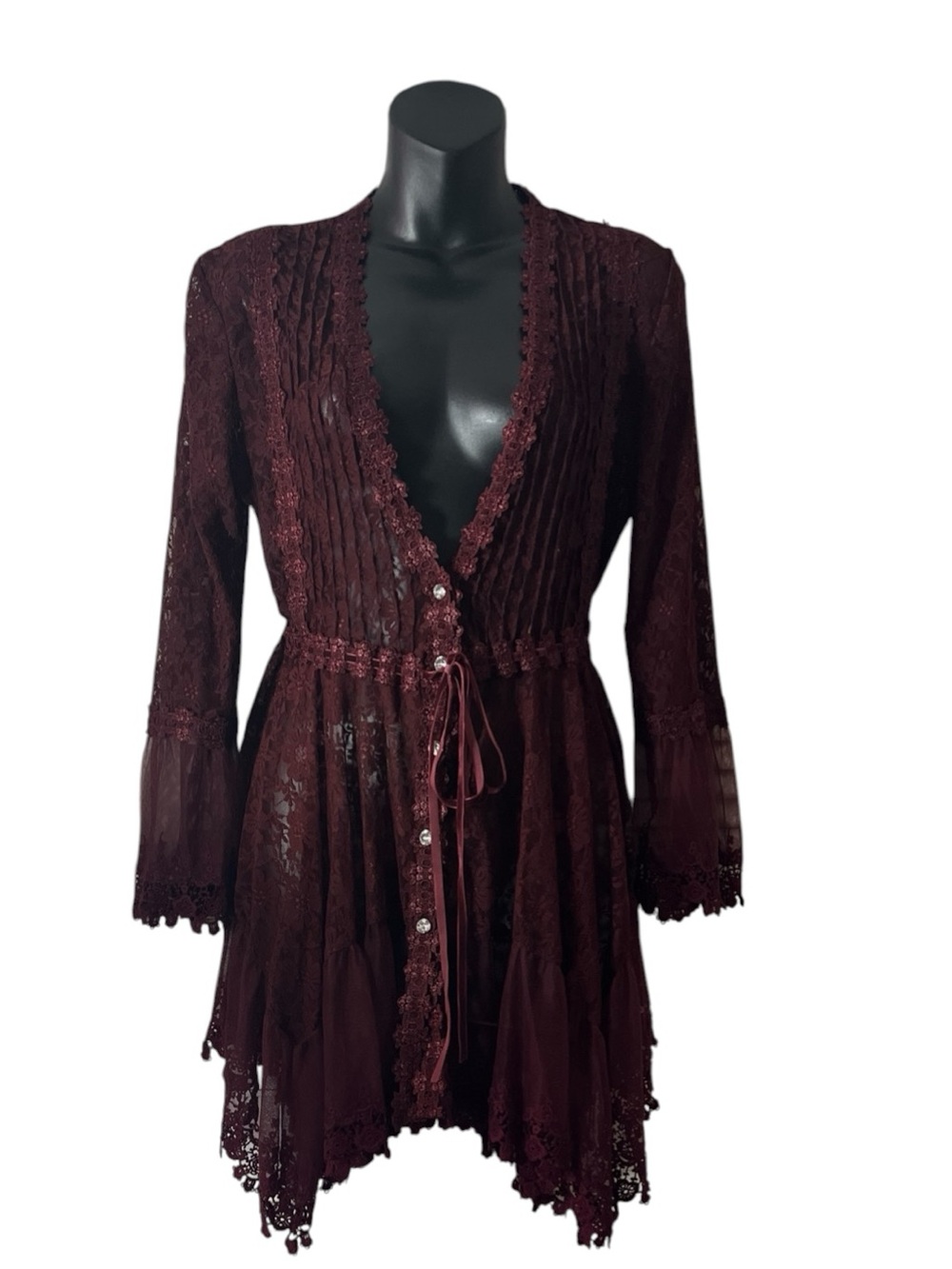 Adore Burgundy Lace Boho Tunic Sz M 3/4 sleeve